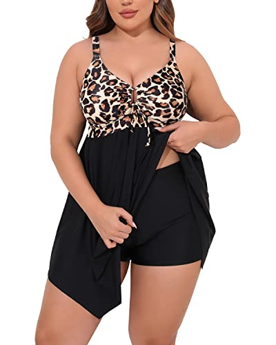 Criss Cross Back Plus Size Swim Dress Boyshorts For Women-Black And Leopard