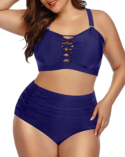 Adjustable Ruched Tummy Control Bikini For Plus Size Women-Navy Blue