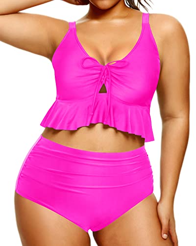 Ruffle Flounce High Waisted Bikini Set For Curvy Women-Neon Pink