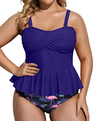 Adjustable Strap Peplum Tankini Top High Waisted Tummy Control Bottom Plus Size Swimsuit-Blue Flamingo