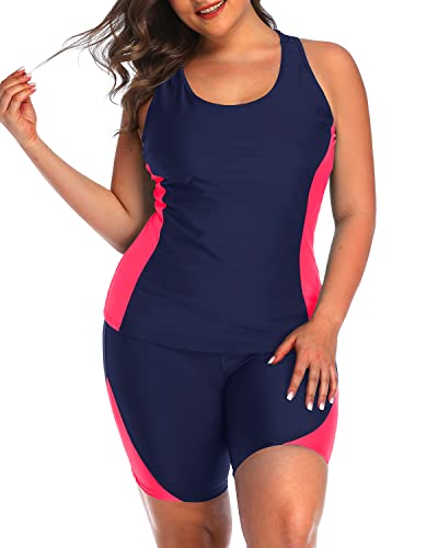 Wide Strap Unitard Plus Size Racerback Tankini Set For Women-Navy Blue And Pink