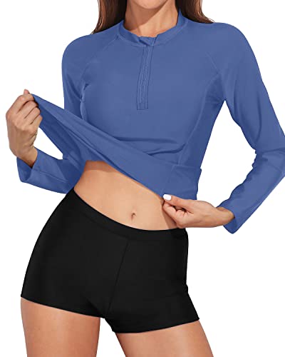 Two Piece Long Sleeve Rash Guard Zipper And Boyshorts For Women-Blue