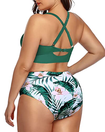 Plus Size Lace Up Bikini High Waisted Ruched Bottom-Green Tropical Floral