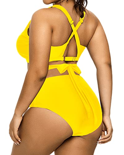 Two Piece V-Neck Keyhole Plus Size Bikini Swimsuit-Neon Yellow