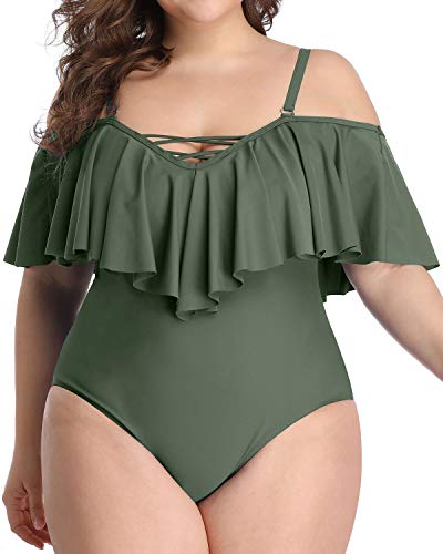 Elegant Lace-Up Cold Shoulder Plus Size One Piece Swimsuits-Olive Green