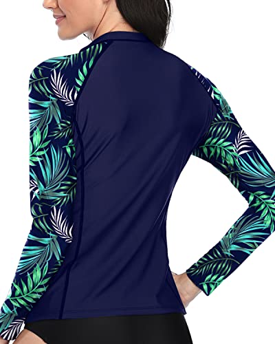 Half Zip Front Crew Neck Long Sleeve Rashguard Sun Protection Swim Top-Blue Green Leaves