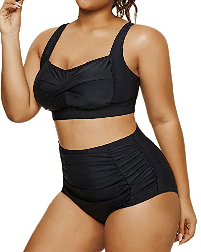 Plus Size Twist Front Bikini Set Tummy Control High Waisted Bottoms-Black