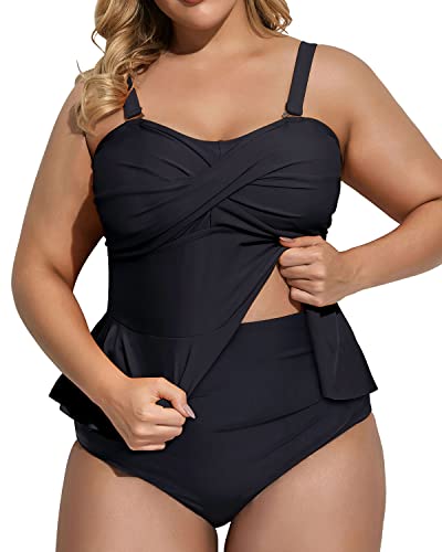 Full Coverage Ruched Two Piece Plus Size Swimsuit For Women-Black