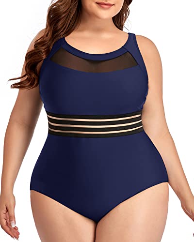 Women's Vintage High Neck One Piece Swimsuits Plus Size-Navy Blue