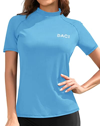 Women's Raglan Sleeves Rashguard Top Short Sleeve Rashguard Top Swim Shirt-Light Blue