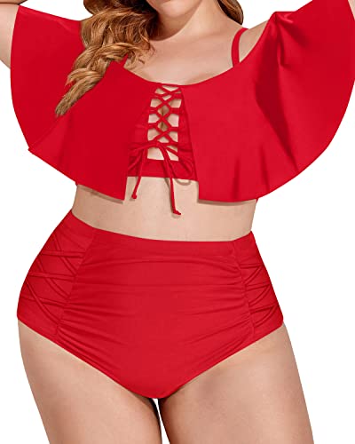 Flattering Tummy Control Two Piece Bathing Suit For Plus Size Women-Red