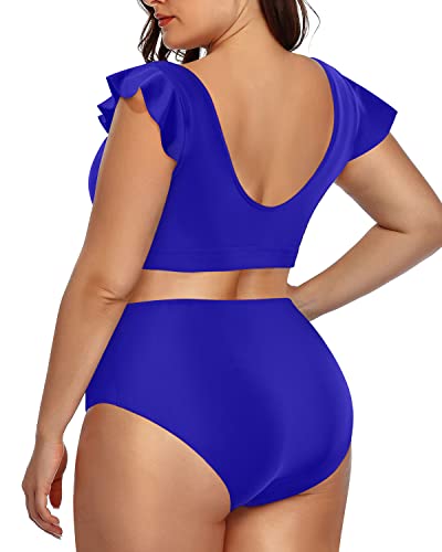 Plus Size Tummy Control Bikini Set Two Piece Swimsuits For Women-Royal Blue