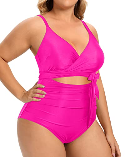 Playful Waist Highlight Plus Size One Piece Swimsuits For Ladies-Neon Pink