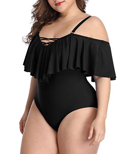 Adjustable Strap Plus Size Flounce Bathing Suits For Curvy Women-Black