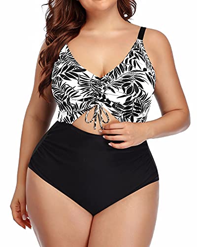 Tummy Control Plus Size Swimsuit Ruched Bottom-Black Leaves