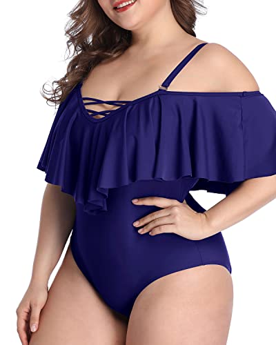 Figure-Hugging Cold Shoulder Plus Size One Piece Bathing Suits-Navy Blue