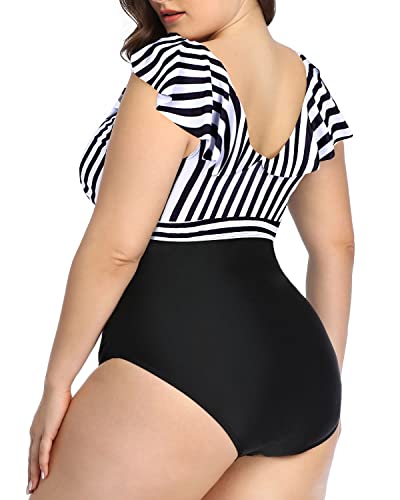 Tummy Control Ruffled Plus Size Bathing Suit-Black And White Stripe