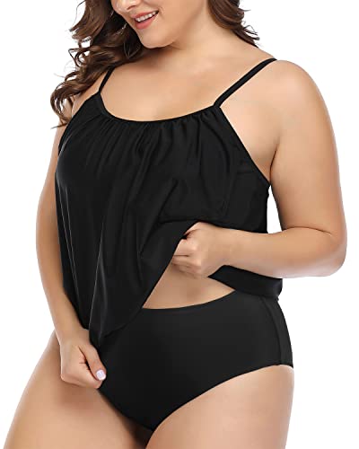 Casual Double Up Tankini Swimsuits Shorts Plus Size-Black