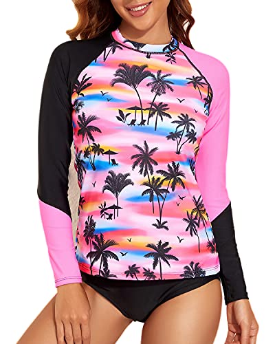 Two Piece Swimwear For Women Long Sleeve Rash Guard And Boy Shorts-Pink Palm