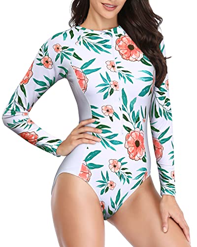 Surfing Rash Guard One Piece Swimsuit For Women Upf 50+-White And Red Floral