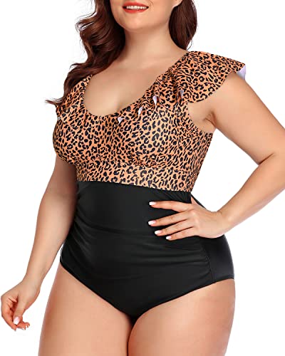 U-Shaped Back Plus Size V-Neck One Piece-Brown Lepoard