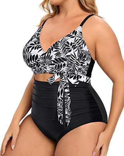 Trendy High Waisted Cutout Open Back Swimwear For Women-Black Leaves