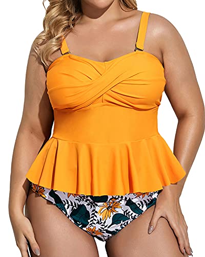 Adjustable Strap Twist Front Two Piece Tankini Set-Yellow Floral