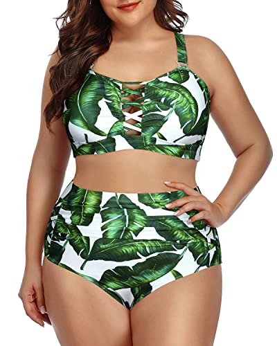 Hollow Out Design Ruched Tummy Control Bikini For Plus Size Women-Green Leaf