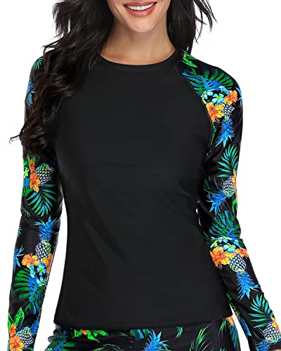 Women's 4-Way Stretch Long Sleeve Rashguard Swimsuits Top-Pineapple