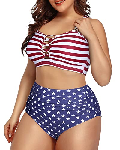 Lace Up High Waisted Plus Size Bikini Swimsuit For Women-National Flag