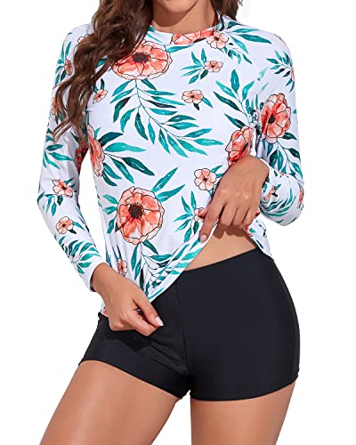 Women's Long Sleeve Rash Guard Bathing Suit Set Rashguard Shorts-White Floral