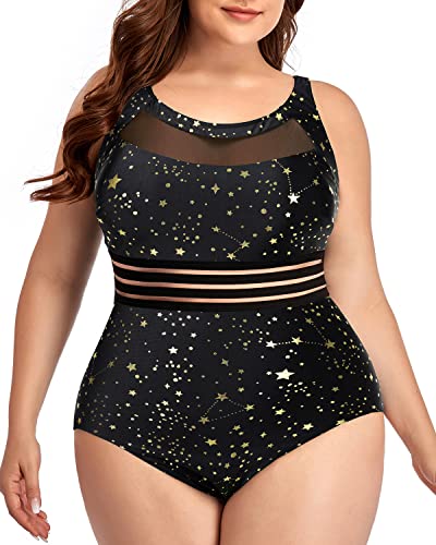 Women One Piece Swimsuits Plus Size Mesh High Neck Vintage Bathing Suits-Gold Stars