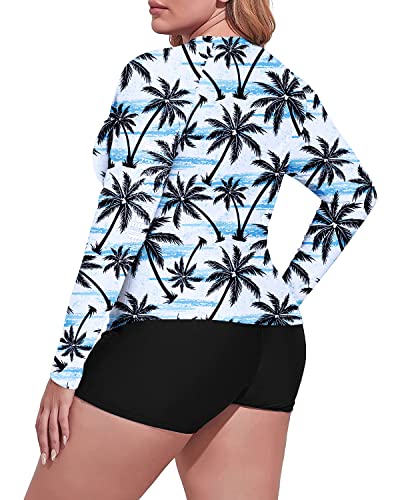 Women's Plus Size Rash Guard Swim Shirt Boy Short Bottoms-Black Palm Tree