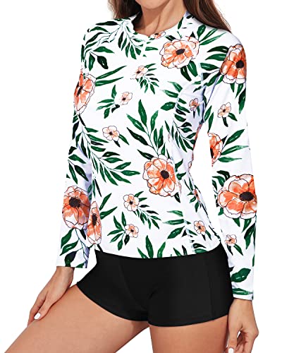 Women's Zippered Long Sleeve Rash Guard Swimsuit Boy Shorts-White Floral