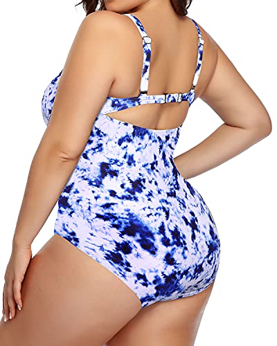 V-Neck Cutout One Piece Swimsuit For Women-Blue Tie Dye