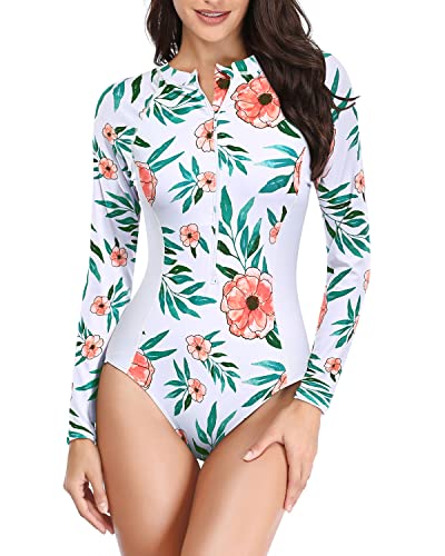 Surfing Rash Guard One Piece Swimsuit For Women Upf 50+-White And Red Floral