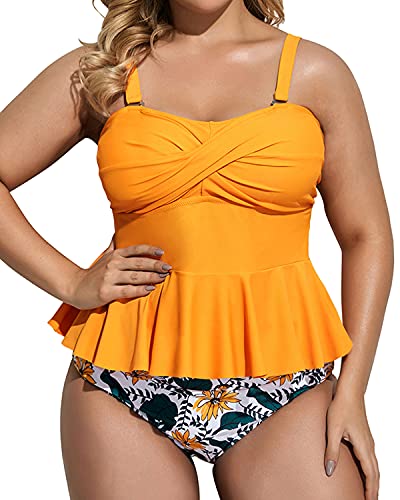 Adjustable Strap Twist Front Two Piece Tankini Set-Yellow Floral