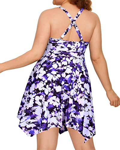 Padded Bra Slimming Two Piece Swimdress Boyshorts For Women-Blue Floral