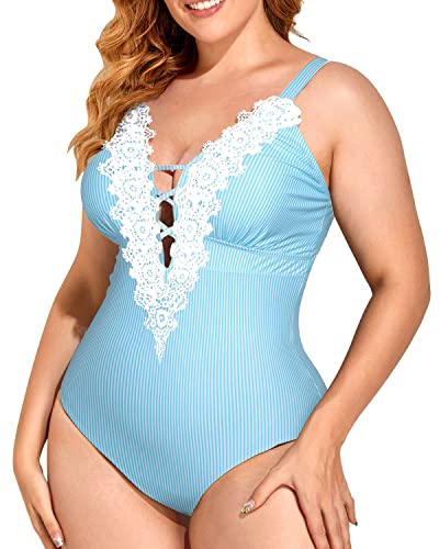 Alluring Tummy Control Slimming Plus Size One Piece Swimsuits-Blue White Stripe