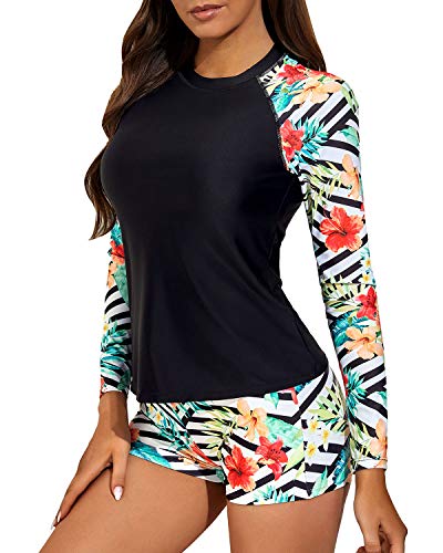 Crew Neck Two Piece Womens Rash Guard Swimsuit-Black And Striped Leaves