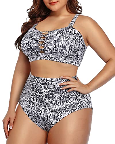 Front Lace Up Ruched Tummy Control Bikini For Plus Size Women-Orange Snake Print