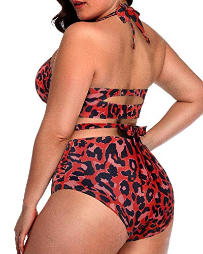 Sexy V-Neck Halter Knotted High Waisted Bikini For Plus Size Women-Red Leopard