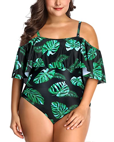 Cute Flounce Top Tummy Control Plus Size Swimwear-Black And Green Leaf