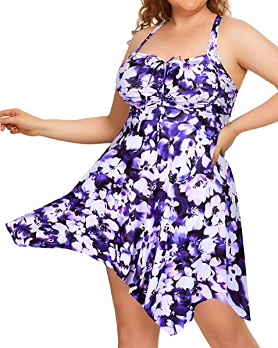 Padded Bra Slimming Two Piece Swimdress Boyshorts For Women-Blue Floral