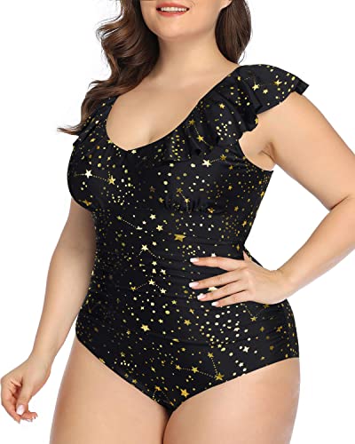 Cute Ruffled Falbala Plus Size One Piece Swimsuit For Women-Gold Stars