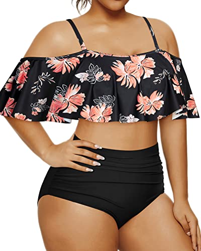 Flirty Ruffle High Waisted Bikini Set For Plus Size Women-Black Orange Floral