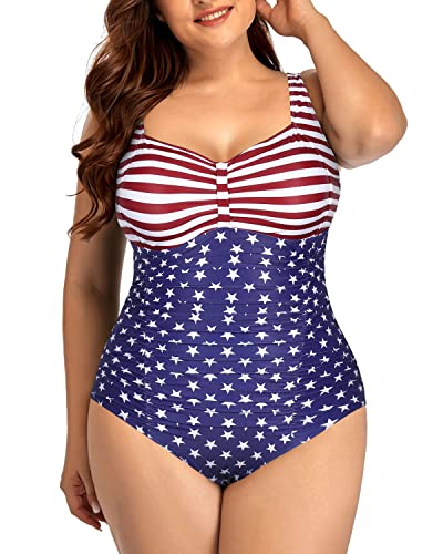 Tummy Control Retro One Piece Swimsuits For Plus Size Women-National Flag