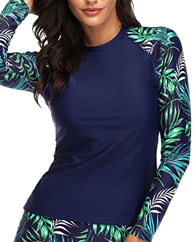 Women's Sun Protection Swim Shirt Crew Neck-Blue Green Leaves