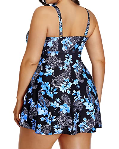 Adjustable Tie-Knot Tankini Swim Dress Boyshorts For Curvy Women-Black Floral