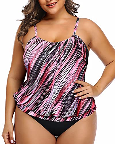 Mom Belly Hiding Blouson Tankini Plus Size Sporty 2 Piece Tankini-Black And Pink Stripes